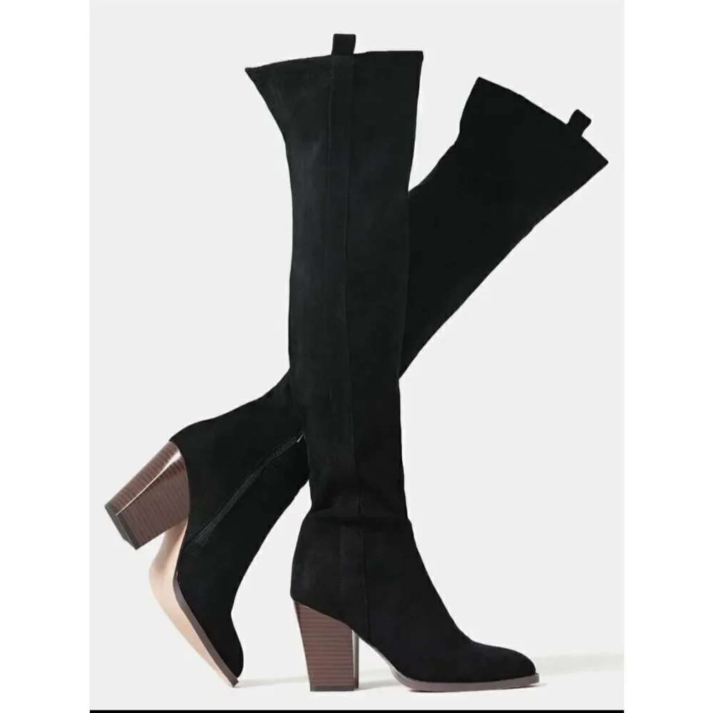 Shoe'N Tale Boots Women Black Faux Suede Chunky Heel  Over‎ The Knee Thigh High